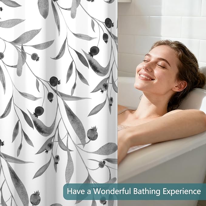TQUQOBU No Hook Grey Leaves Shower Curtain and Liner Set, Modern Botanical Aesthetic Hotel Style Waterproof Fabric Shower Curtain with See Through Top Window, Machine Washable, 71x74 Inch