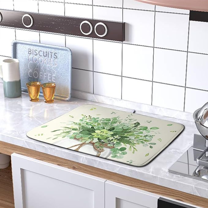 Spring Sage Green Leaves Dish Drying Mat for Kitchen Counter Eucalyptus Leaf Floral Mason Jar Dishes Drainer Mats Absorbent Microfiber Dish Draining Mat Reversible Dish Pad 16x18 Inch