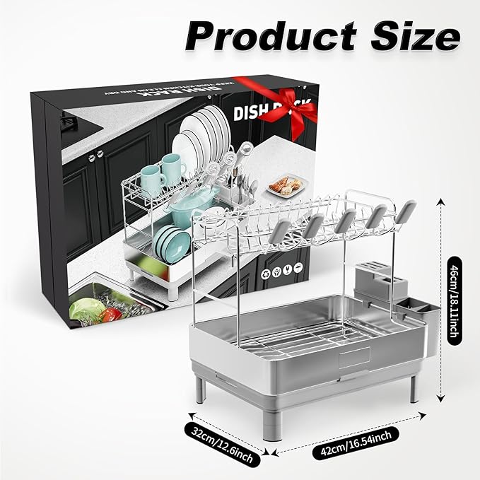 Ewaiira Dish Drying Rack, 2 Tier Large Dish Rack, Stainless Steel Dish Drainer for Kitchen Counter, Dishes Rack with Automatic Drainage, Utensil Holder&Cups Holder,Space Saving Kitchen Organizer,Gray