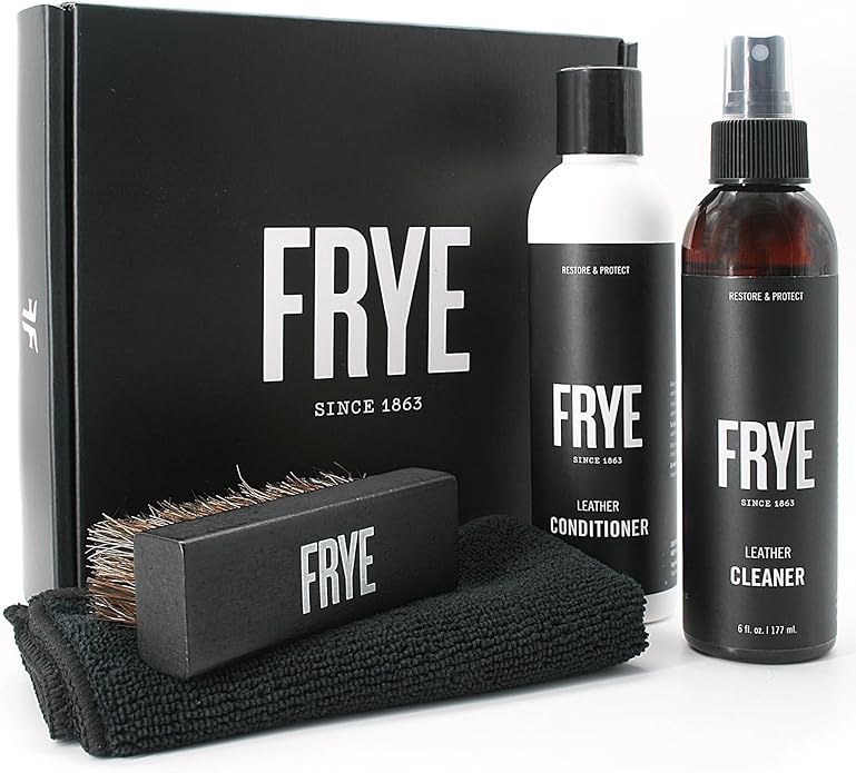 Frye Leather Care Kit – 4 Piece Set with U.S.-Made Leather Cleaner & Conditioner – Brush, Cloth, and Gift Box – Leather Shoe & Boot Cleaning Kit