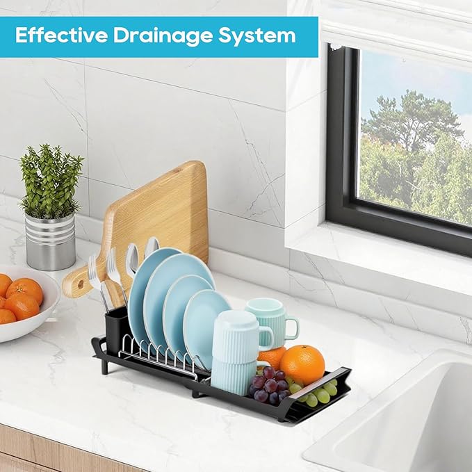 Small Expandable Dish Drying Rack – Compact & Space-Saving – No Spout, No Leaks – Durable, Rust Resistant & Easy to Clean – Ideal for Kitchens, Apartments & RVs – Extend 10.9 to 18.6 inches (Black)