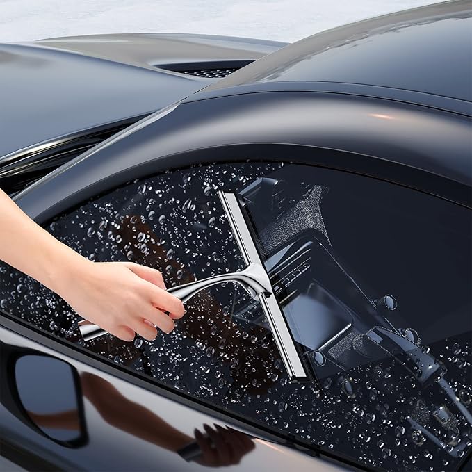 Shower Squeegee for Glass Door Stainless Steel Bathroom Squeegee Window Wiper, Includes Shower Door Hook, Adhesive Hook, and Spare Silicone Blade for Window Mirror Car 12-Inch