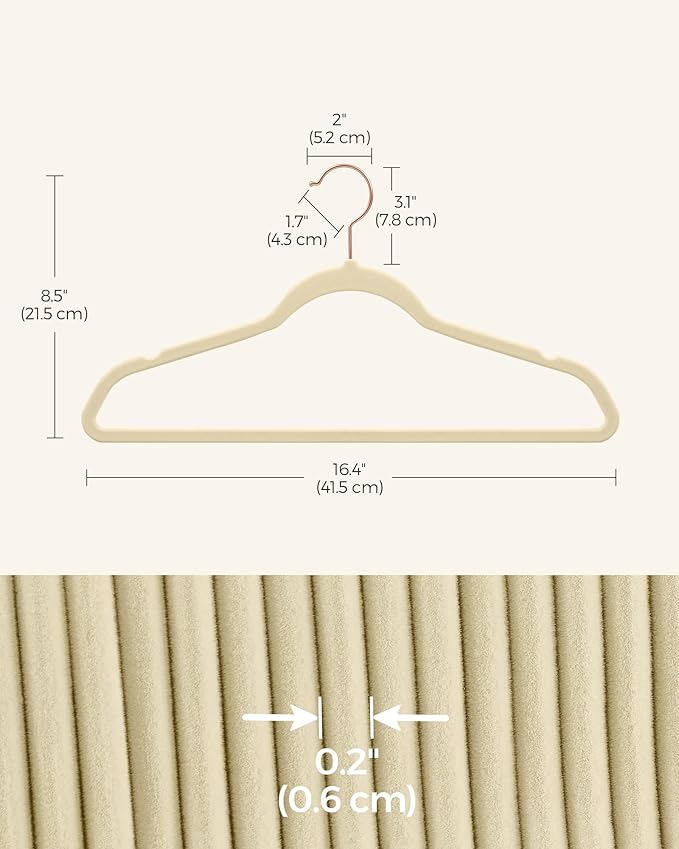 SONGMICS Slim Velvet Hangers, Non-Slip Clothes Hangers with Rose Gold Swivel Hooks, Space-Saving, for Closet, 50 Pack, Sandy Beig UCRF026K50