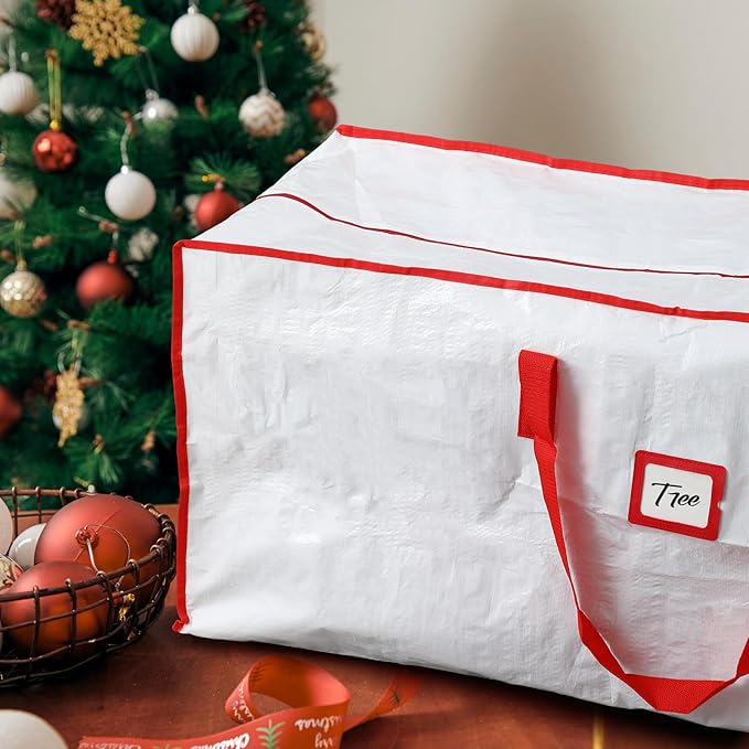 Amylove 4 Pcs Large Christmas Tree Storage Bags Heavy Duty Xmas Zippered Bags Bulk Waterproof Plastic Christmas Tree Container with Carry Handles(7.5 ft,White)