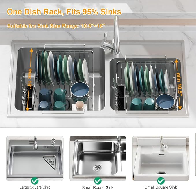 Homics Expandable in Sink Dish Drying Rack, Adjustable Capacity (10.5''-16'') Stainless Steel Over The Sink Dish Drying Rack, Dish Drainer for Kitchen Sink Counter with Utensil Holder