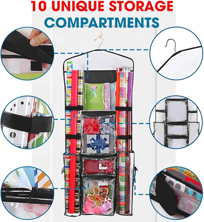 ProPik Hanging Double-Sided Gift Wrap Organizer, Wrapping Paper Storage with Multiple Front and Back Pockets, Organize Your Gift Bags Bows Ribbons 40”X17" Fits 40 Inch Rolls (Black seam)