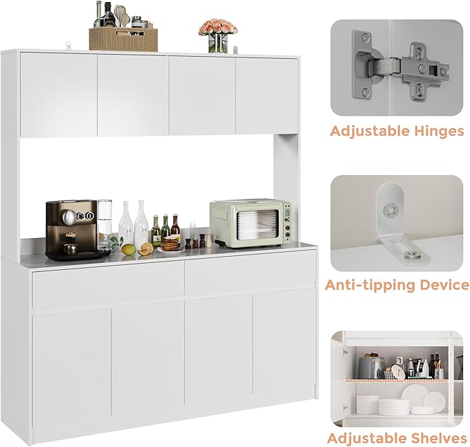 71" Kitchen Pantry Cabinet, Kitchen Hutch with Microwave Stand, Buffet Cabinet with Large Storage Drawers for Dining Room (White)