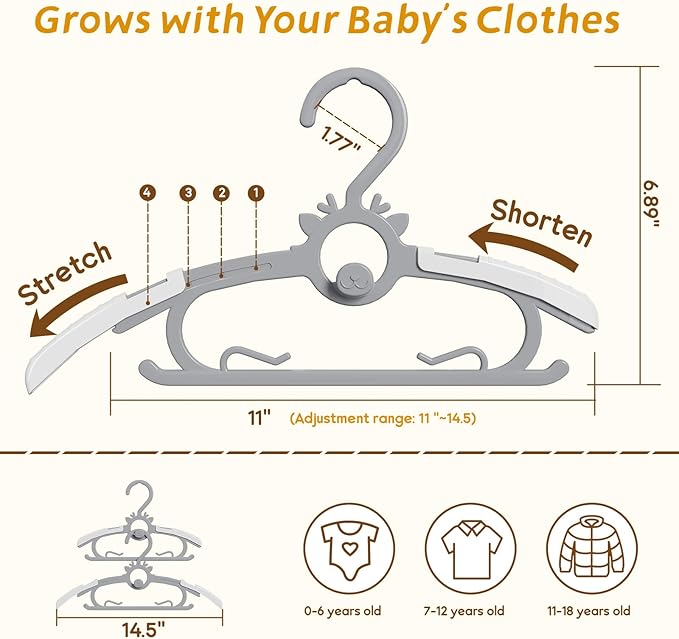 Toddler Hangers 60PCS, 11"-14" Extendable and Stackable Baby Hangers, 45g Ultra-Thick Space Saving Non-Slip Plastic Hanger for Infant, Kids and Nursery Closet, Gray
