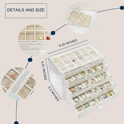 Acrylic Earring Holder Organizer with 5 Drawers Clear Earring Organizer Box with 90 Adjustable Grids Velvet Earring Display Case Jewelry Organizer for Earrings Rings Studs (Beige)