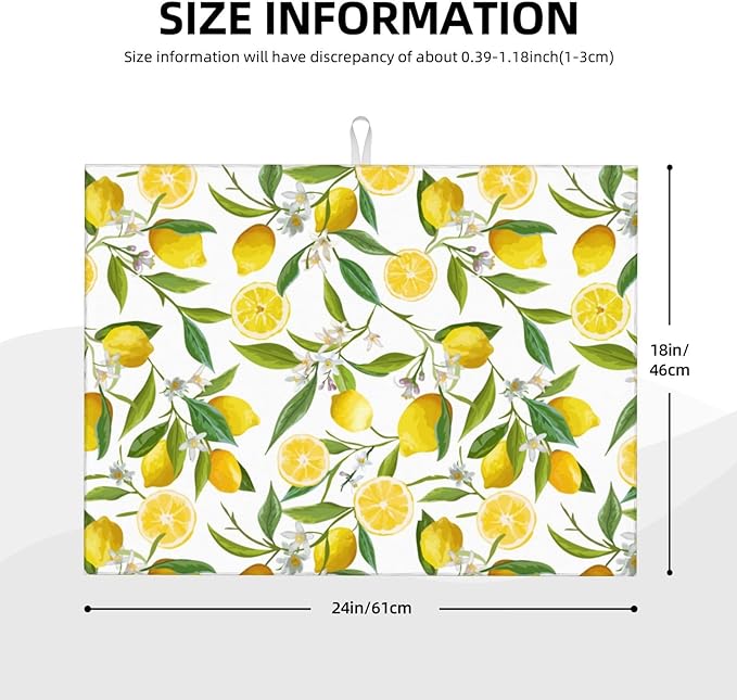 Lemon Dish Drying Mat for Kitchen Counter, Spring Summer Lemon Floral Drying Mat, Reversible Water Control Mat, Kitchen Countertop Absorbent Mat, Dish Draining Mat 18"x24"