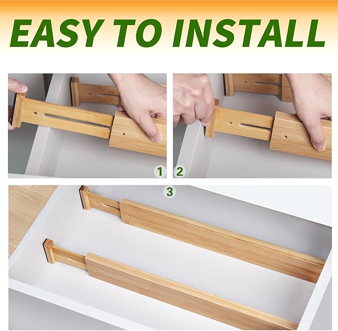 Aubeco 6 pcs Large Bamboo Drawer Dividers, Expandable 17"-22" Wooden Organizers for Kitchen, Office, Dresser, Bedroom, Clothes