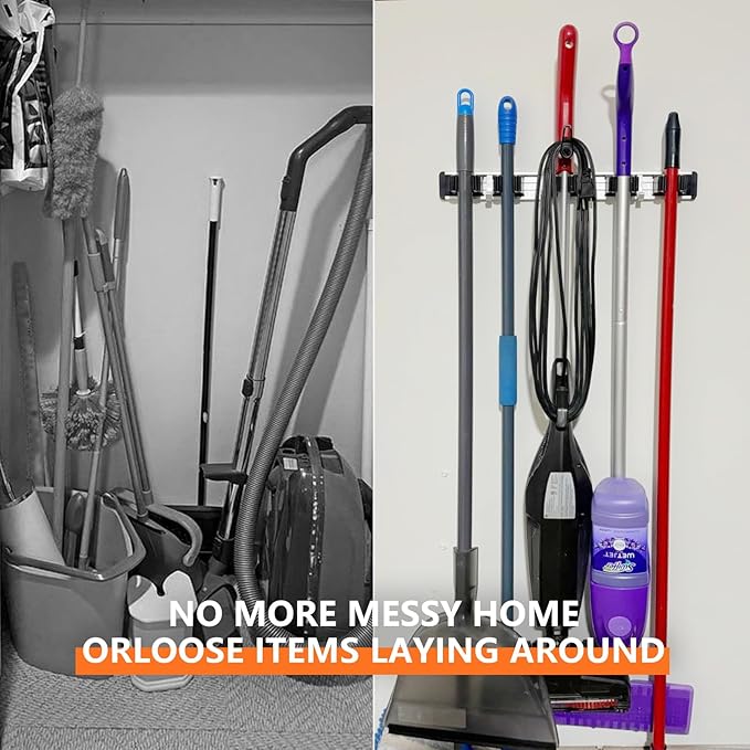 reliahom Broom Holder Wall Mount Mop and Broom Hanger Wall Mounted Garage Storage Rack Kitchen Garden Tool Organizer (4 Racks with 5 Hooks, Black)