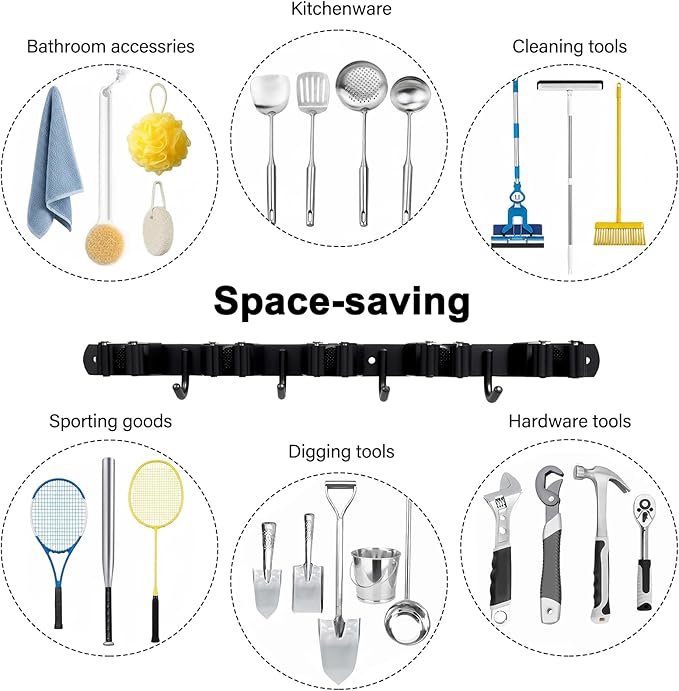 5 Racks and 4 Hooks Mop and Broom Holder Wall Mount, SUS304 Heavy Duty Broom Organizer Storage Tool Racks, Self Adhesive Solid Non-slip Tool Hangers for Home Kitchen Garden Laundry Garage