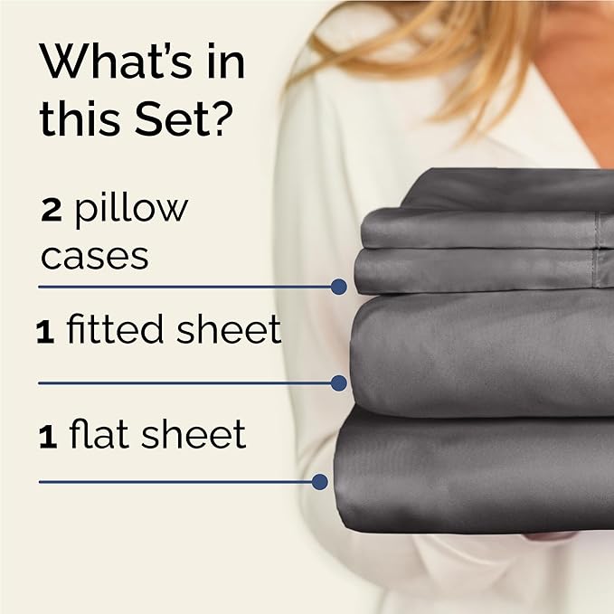 Twin XL 4 Piece Sheet Set - Comfy Breathable & Cooling - Ultra-Soft Hotel Luxury Bedding Set w/ 8-16 Inch Deep Pockets - 1 Flat & 1 Fitted Sheet & 2 Pillowcases - Wrinkle Free & Easy Care - Dark Grey