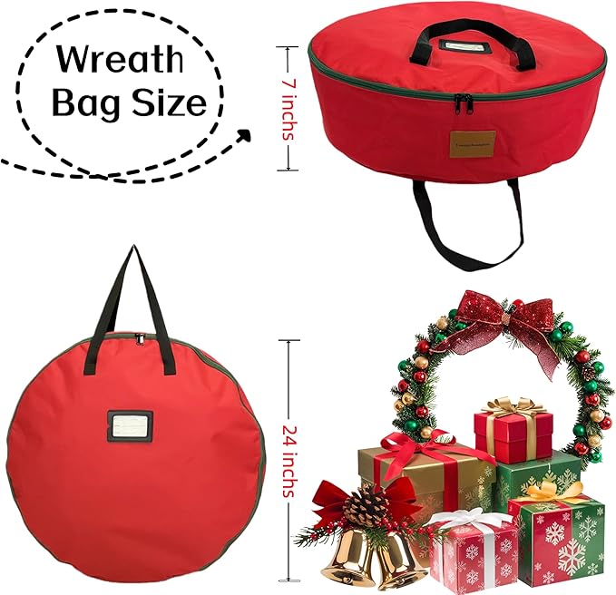 24x7 inchs Wreath Storage Container,Red Single storage bag,Heavy Duty 600D Oxford Cloth,Garland Wreaths Container For Xmas Holiday Wreaths Storage Holder