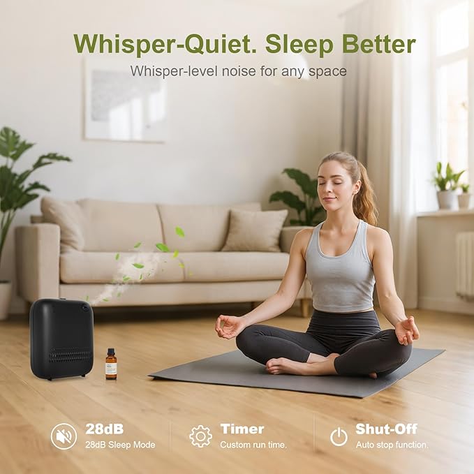 Waterless Diffuser,Wireless Essential Oil Battery Operated,2000 Sq Ft,Safety Lock,Quiet,Bluetooth App,Hotel Home Collection Scent Machine - Black