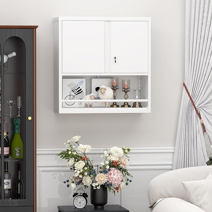 Metal Wall Cabinet, Wall Storage Cabinets with Door and Adjustable Shelves, Bathroom Metal Storage Cabinet for Laundry Room, Kitchen, Garage