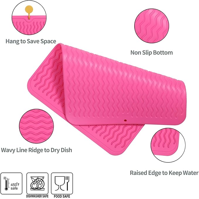 MicoYang Silicone Dish Drying Mat for Multiple Usage,Easy clean,Eco-friendly,Heat-resistant Silicone Mat for Kitchen Counter or Sink,Refrigerator or drawer liner Rose L 16 inches x 12 inches