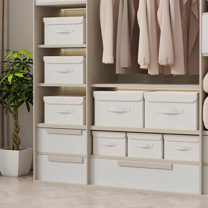 Fabric Storage Bins Cube Organizers with Flip-Top Lid and Handles,Storage Boxes for Organizing Home,Office,and Closet,Beige,3 Pack 13X9.1X7.9 in