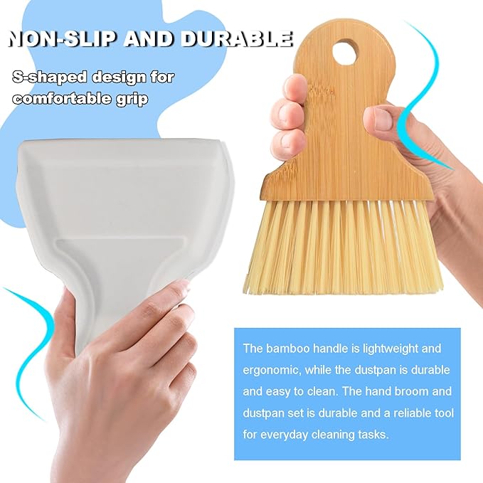 Mini Broom and Dustpan Set Portable Hand Broom with Bamboo Handle Small Crumb Sweeper for Home, Bathroom, Kitchen, Car Interior, Office, Pet Areas (White)