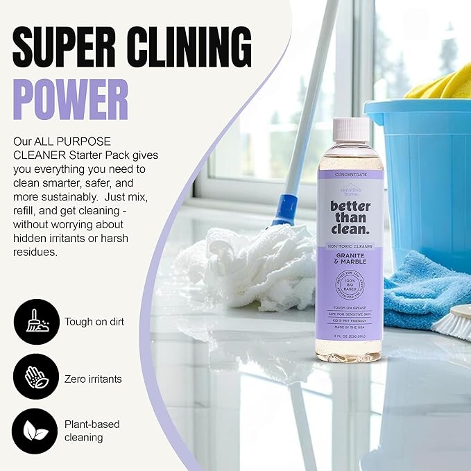 Better Than Clean Marble & Granite Cleaner Concentrate - Plant-Based, Non-Toxic, Fragrance Free Cleaning Products - Slate, Marble, and Natural Stone Cleaner, – 8oz Makes 4 Bottles