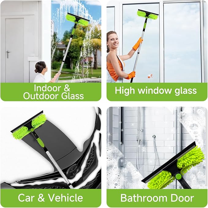 LILISPAI 67'' Window Squeegee Cleaner Tool with Extension Pole, 2-in-1 Squeegee for Window Cleaning Kit with Scrubber and Rotating Head, 2 Blade 2 Scrubber for Indoor & Outdoor High Windows