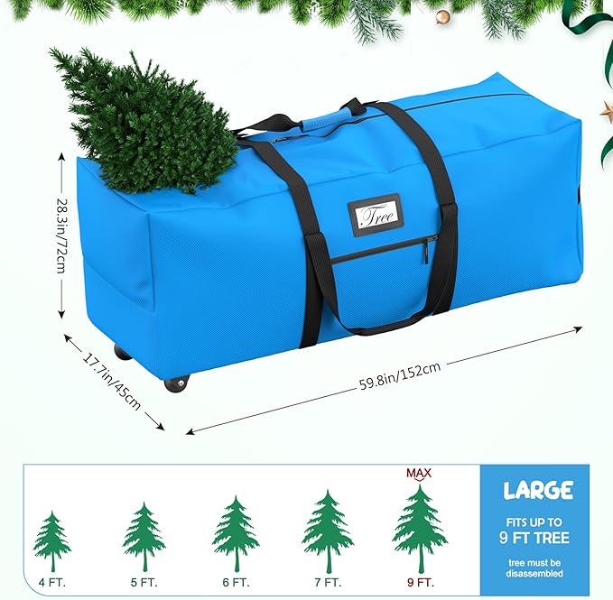 Mrrihand Christmas Tree Storage Bag, Large Artificial Anti-Tear Heavy-Duty 600D Oxford Cloth Xmax Christmas Tree Storage Box with Rolling Wheels, Christmas Tree Storage Container (Bright Blue, 9Ft)