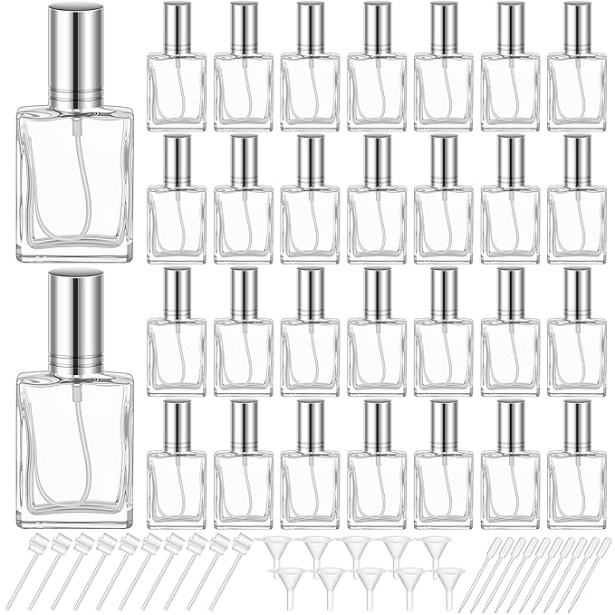 Domensi 30 Pcs 15 ml Glass Perfume Bottles Mini Glass Empty Spray Atomizer Bottles Bulk Refillable Perfume Dispenser Container with Pump Tool for Travel Cleaning Skin Care(Silver)