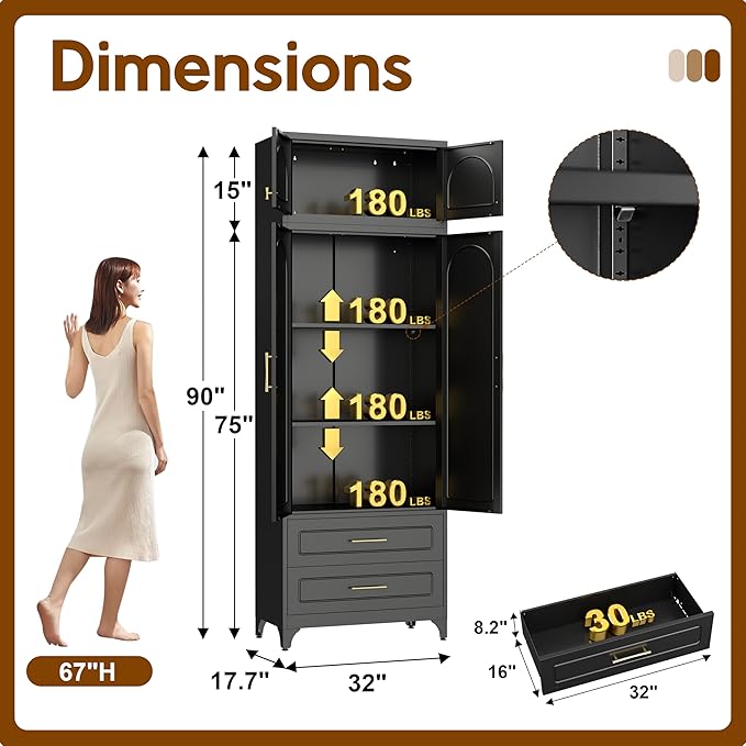 90" Pantry Kitchen Cabinet with Drawer, 75" Pantry Cabinets with 15" Cabinets, Freestanding Kitchen Storage Cabinet for Dining Room, Living Room, Alacena para Cocina, Assembly Required, Black