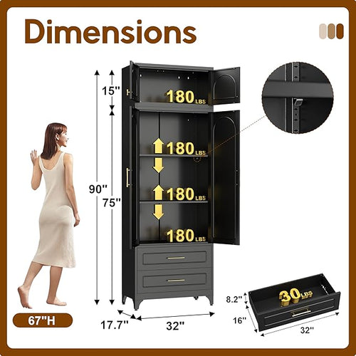 90" Pantry Kitchen Cabinet with Drawer, 75" Pantry Cabinets with 15" Cabinets, Freestanding Kitchen Storage Cabinet for Dining Room, Living Room, Alacena para Cocina, Assembly Required, Black