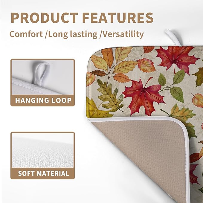 Wnoesat Fall Drying Mat for Kitchen Counter 16 x 18 Inch Maple Leaves Autumn Thanksgiving Harvest Dish Drying Mats Absorbent Microfiber Dish Draining Washable Reversible Dishes Pad