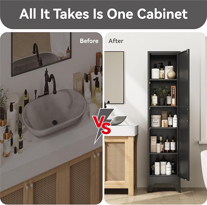 67" Tall Storage Cabinet with Reversible Doors and Adjustable Shelves,Metal Slim Freestanding Cabinets for Bathroom Kitchen Garage Small Spaces,Black