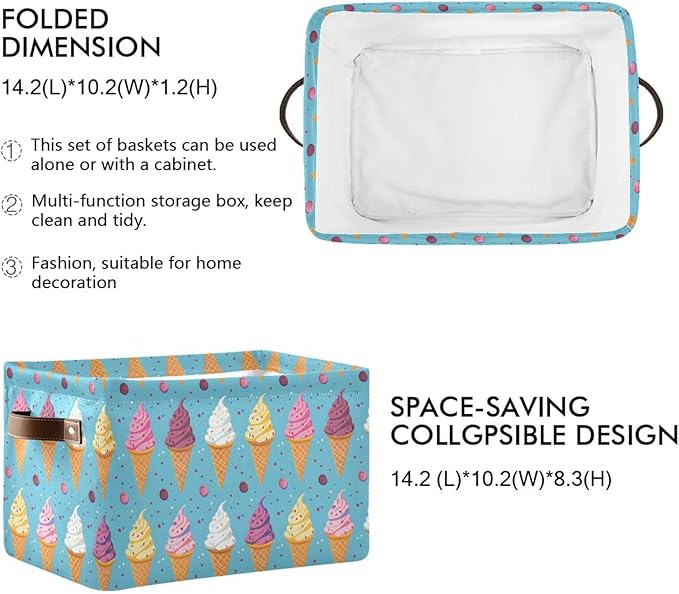 ALAZA Ice Cream Summer Blue Foldable Storage Box Storage Basket Organizer Bins with Handles for Shelf Closet Living Room Bedroom Home Office 2 Pack