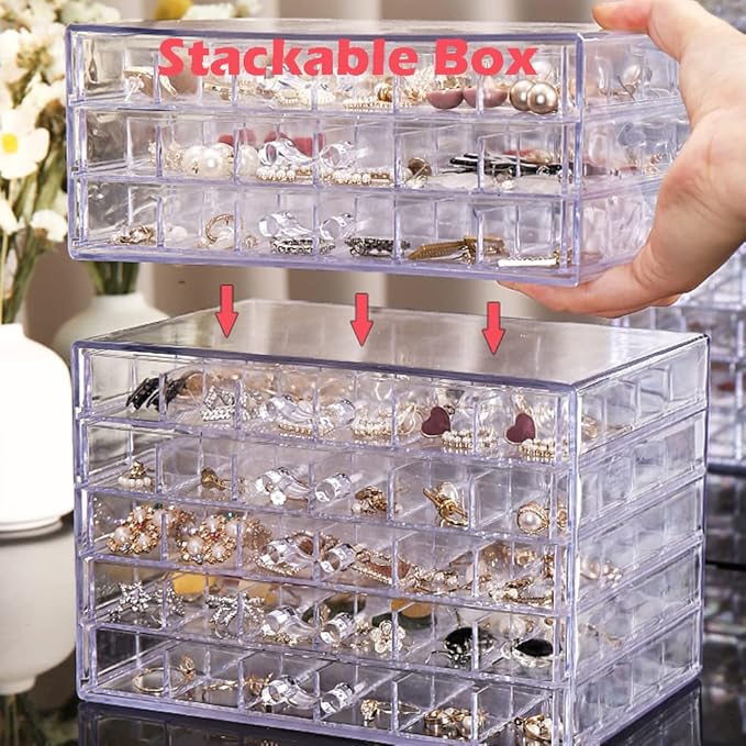 Earring Storage Box Organizer 3 Drawers Acrylic Jewelry Storage Box Holder Transparent Jewelry Display Stand with 72 Small Compartments Gift for Women Girls (Clear)