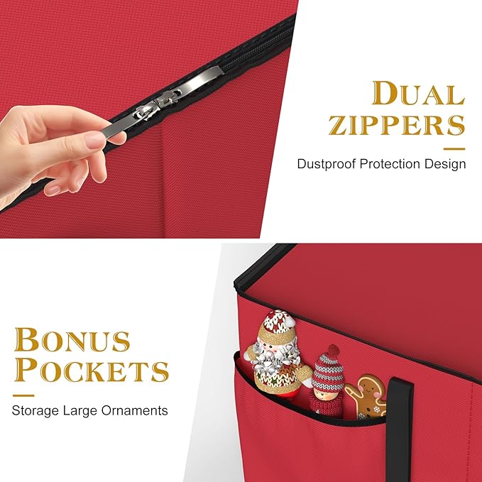 Christmas Ornament Storage Box With 8 Trays - Stores Up to 128 Holiday Ornaments, Christmas Storage Container with Side Pocket, Adjustable Dividers, Card Slot, Tear-Proof Fabric - Red