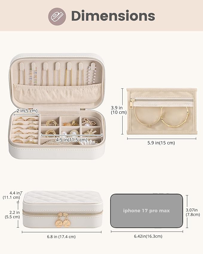 Lolalet Travel Jewelry Case for Women Girls, Travel Jewelry Organizer with Clear Storage Bag Small Portable Jewelry Box for Necklace Bracelet Earring Ring Valentines Bridesmaid Gifts -Medium/Beige