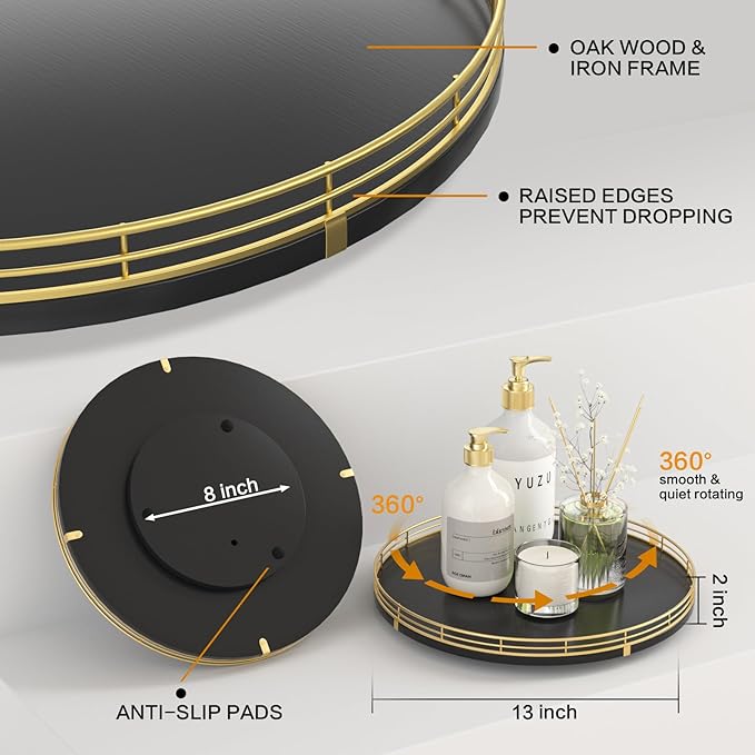 13" Oak Wood Bathroom Tray for Counter, Vanity Tray for Perfume Lotion Candle Makeup Jewelry Sink Soap Holder Turntable Dresser Organizer Countertop Coffee Table Decor Organization and Storage Gold