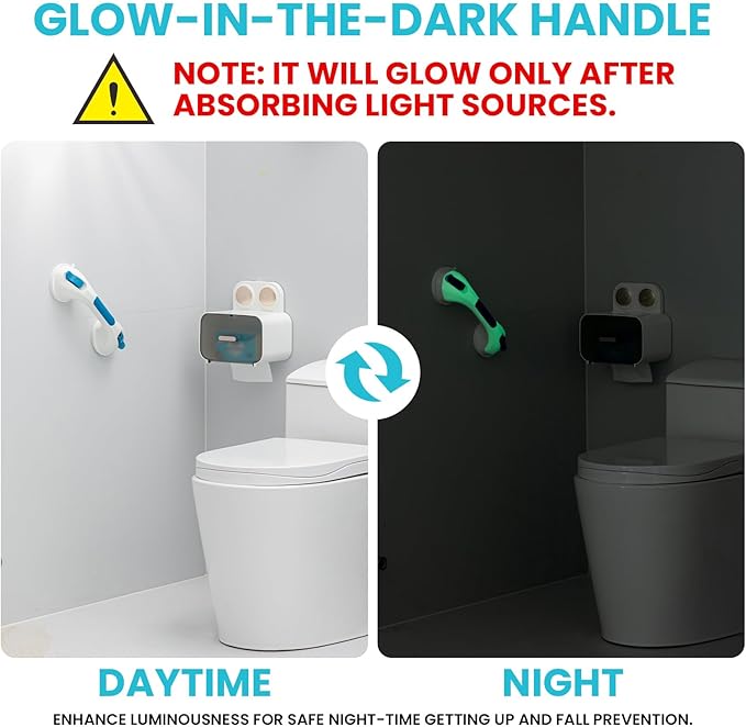 TAILI Shower Grab Bar Glow in The Dark, 12.2 in Grab Bars for Bathtubs and Showers, Bath Handles Bath Rails for Seniors and Elderly,Bathroom Safety Grip Removable No Drilling Waterproof Blue