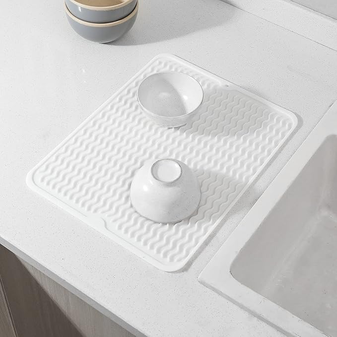 MicoYang Silicone Dish Drying Mat for Multiple Usage,Easy clean,Eco-friendly,Heat-resistant Silicone Mat for Kitchen Counter or Sink,Refrigerator or drawer liner White L 16 inches x 12 inches