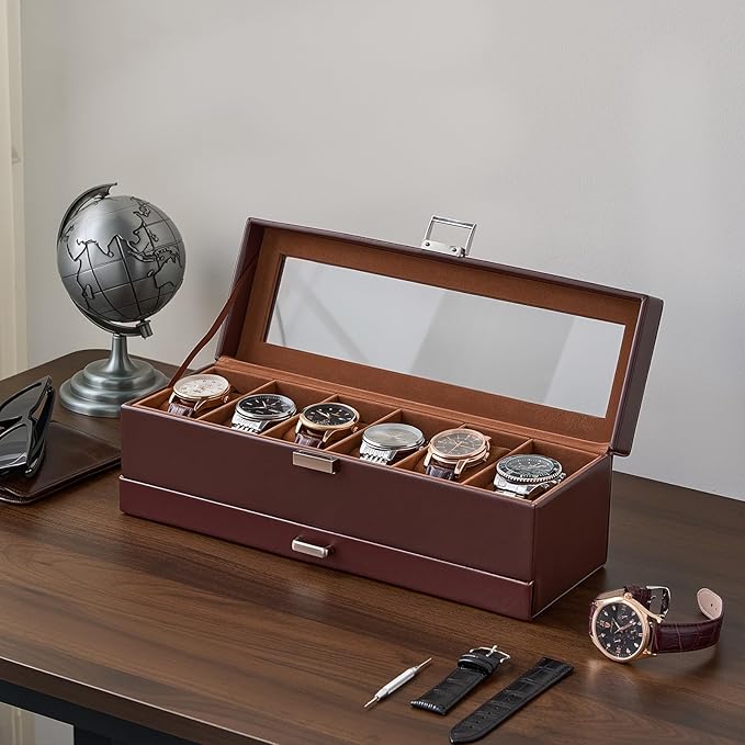ProCase Watch Case, 6 Slot Mens Watch Box Holder Organizer with Glass Lid, 2-Layer Watches Display Case, Mens Jewelry Box with Drawer, Birthday Valentine Gifts for Men Women -6 Slot, Espresso