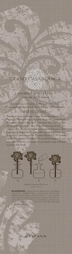 Zodax Grand Casablanca Porcelain Oil Diffuser - Home Fragrance Oil Diffuser Ideal for Living Room, Bathroom, Office - Flower Design - Gift Box Packaging Included - Casablanca Lily - 6.76 Oz.