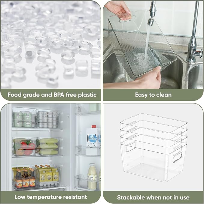 BALEINE Clear Plastic Storage Bins, Pantry Organization, BPA Free Stackable Refrigerator Organizers and Storage with Handles for Kitchen Fridge Cabinet Bathroom (4PK, 9.5x5.5x4.5)