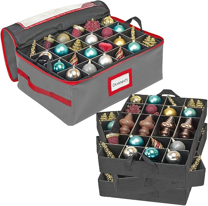 HOLDN’ STORAGE Christmas Ornament Storage Box with Dividers - Fits 72-3” Ornaments, 3 Removable Trays, Durable & Space-Saving, Clear Top Lid, Convenient Storage Designed, Grey