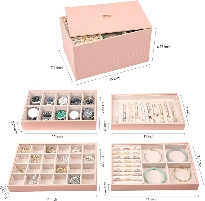 Voova Stackable Jewelry Organizer Tray with Lid, PU Leather Jewelry Storage Holder for Drawer Inserts, Jewellery Display Box Case for Earring Necklace Ring Watch Bracelet (Set of 4, Pink)