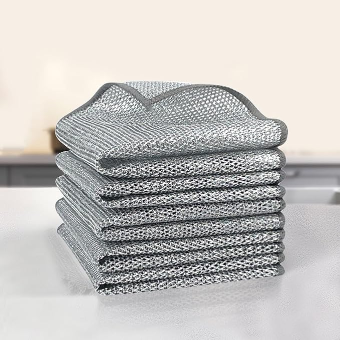 10 Counts Non Scratch Wire Dishcloth Multipurpose Wire Dishwashing Rag for Wet and Dry Use, Metal Scrubbers for Cleaning Dishes, Dual-Sided 2-Layer Kitchen Cleaning Cloth with Mesh, Mesh Dish Cloth