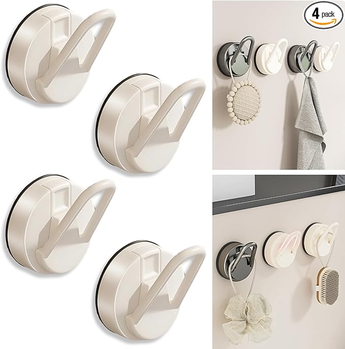 Adhesive Suction Cup Hooks - Milk White Heavy Duty Bathroom & Kitchen Wall Hook, 4-Pack, Ideal for Towel, Robe, and Loofah Storage
