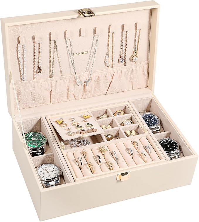LANDICI Jewelry Box Organizer for Men Women, 2 Layer 4 Slot Watch Storage Case with Removable Tray, PU Leather Large Jewellery Holder Display for Watches Sunglasses Rings Earrings Necklace, Apricot