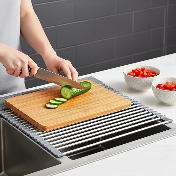 KEGFRES Roll Up Dish Drying Rack Over Sink, 17.5" x 15.2" Foldable SUS304 Stainless Steel Kitchen Dish Drainer, Heat-Resistant Multipurpose Rolling Sink Rack Organizer,Grey