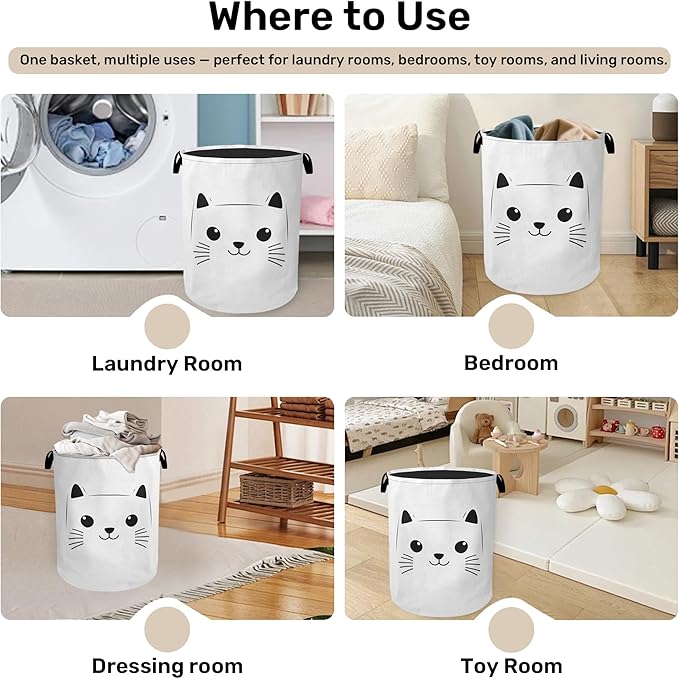 Cute Cat Foldable Laundry Hamper - Waterproof Fabric Storage Basket with Handles, Clothes Hampers for Laundry,Bedroom,Dorm