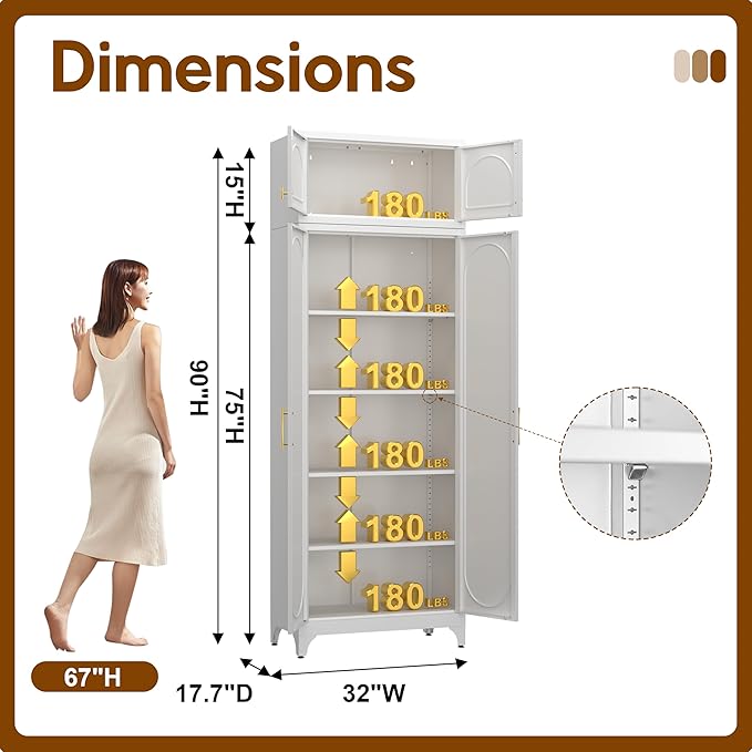90" Metal Kitchen Pantry Cabinet, 75" Pantry Cabinets with 15" Small Cabinets, Freestanding Kitchen Storage Cabinet for Dining Room, Living Room, Alacena para Cocina, Assembly Required, White